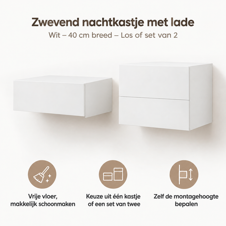 Wit zwevend nachtkastje met lade van BukkitBow, 40 cm breed, zichtbaar met lade en muurbevestiging.