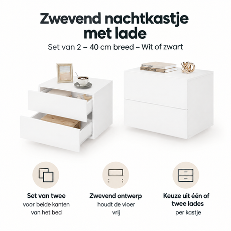 Set van 2 zwevende nachtkastjes met lade, 40 cm breed, in wit of zwart, van BukkitBow, geschikt voor moderne slaapkamer.