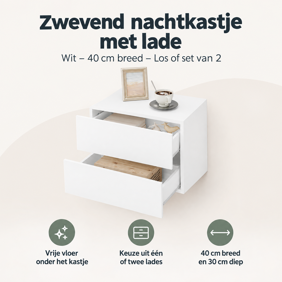 Wit zwevend nachtkastje met lade van BukkitBow, 40 cm breed, zichtbaar met lade en muurbevestiging, set van 2 mogelijk