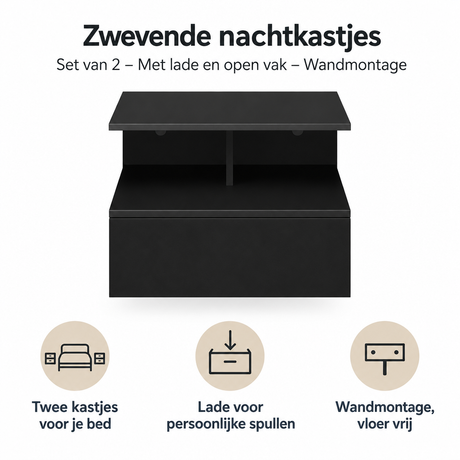 Set van 2 zwevende nachtkastjes van BukkitBow met lade en open vak, wandmontage voor moderne slaapkamerinrichting.