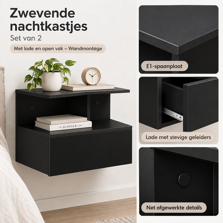 Set van 2 zwevende nachtkastjes van BukkitBow met lade en open vak, wandmontage, modern en functioneel design