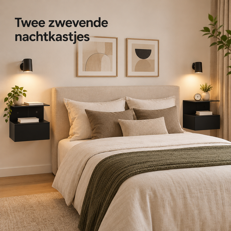 Set van 2 blauwe zwevende nachtkastjes van BukkitBow met lade en open vak, voor wandmontage in slaapkamer.