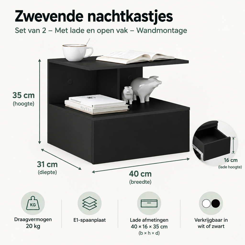 Afmetingen en productspecificaties van zwevende nachtkastjes set van 2