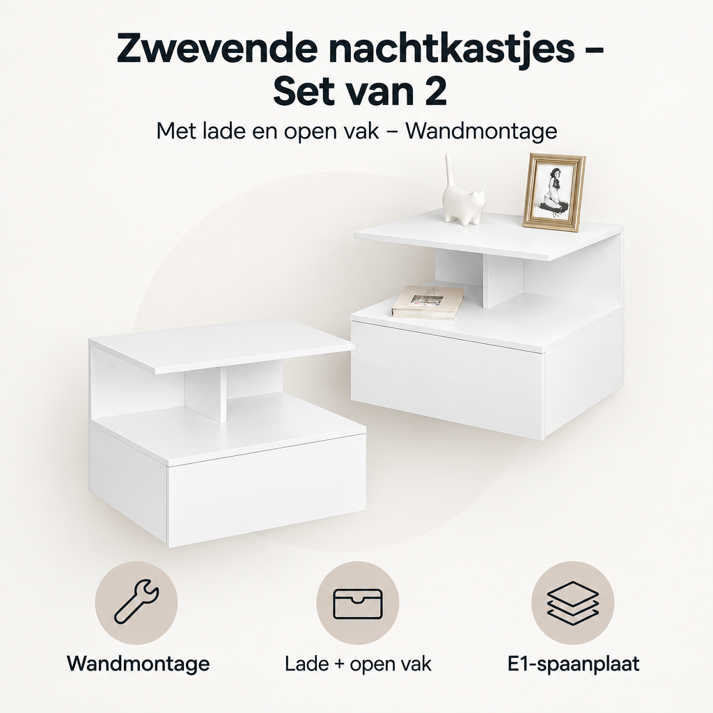 Overzicht van zwevende nachtkastjes set van 2 met de belangrijkste productvoordelen