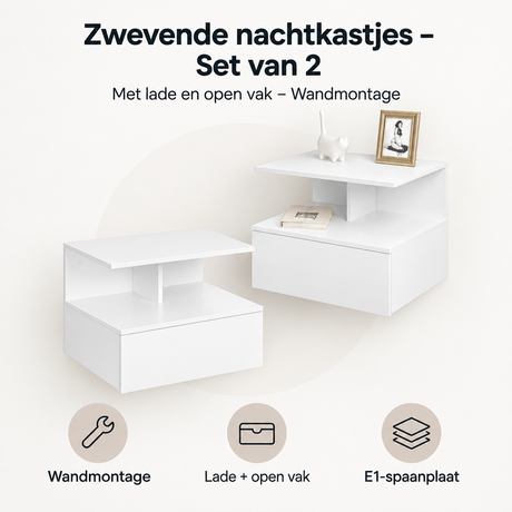 Set van 2 zwevende nachtkastjes van BukkitBow met lade en open vak, wandmontage, modern design, overzicht van kernvoordelen.