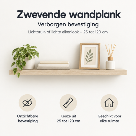 Zwevende wandplank van BukkitBow in lichtbruine/eikenlook met verborgen bevestiging, 25-120 cm, geschikt voor muurdecoratie en opbergruimte.