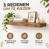 Zwevende wandplank van BukkitBow in rustiek bruin, zichtbaar met verborgen montage en afmetingen van 25-120 cm.