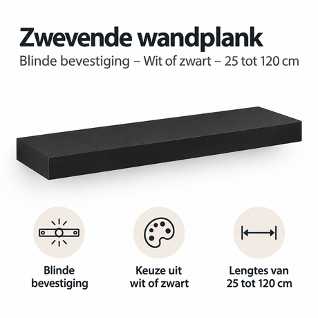 Witte of zwarte zwevende wandplank van BukkitBow met blinde bevestiging, 25-120 cm, geschikt voor strakke muurdecoratie.