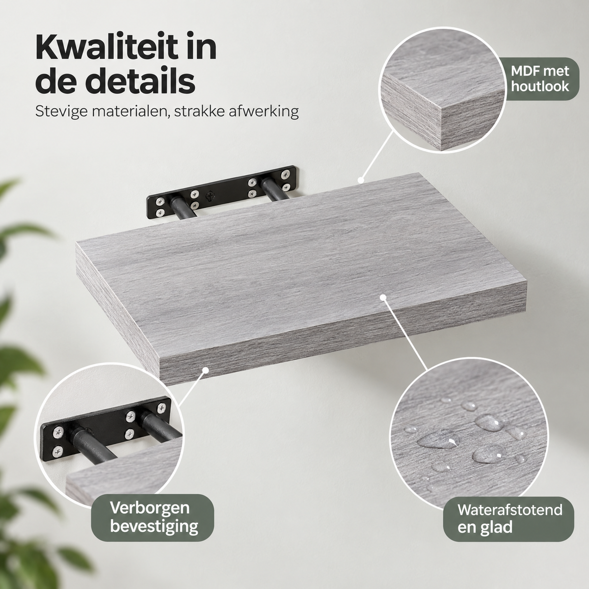 Detail van materiaal en afwerking van zwevende wandplank