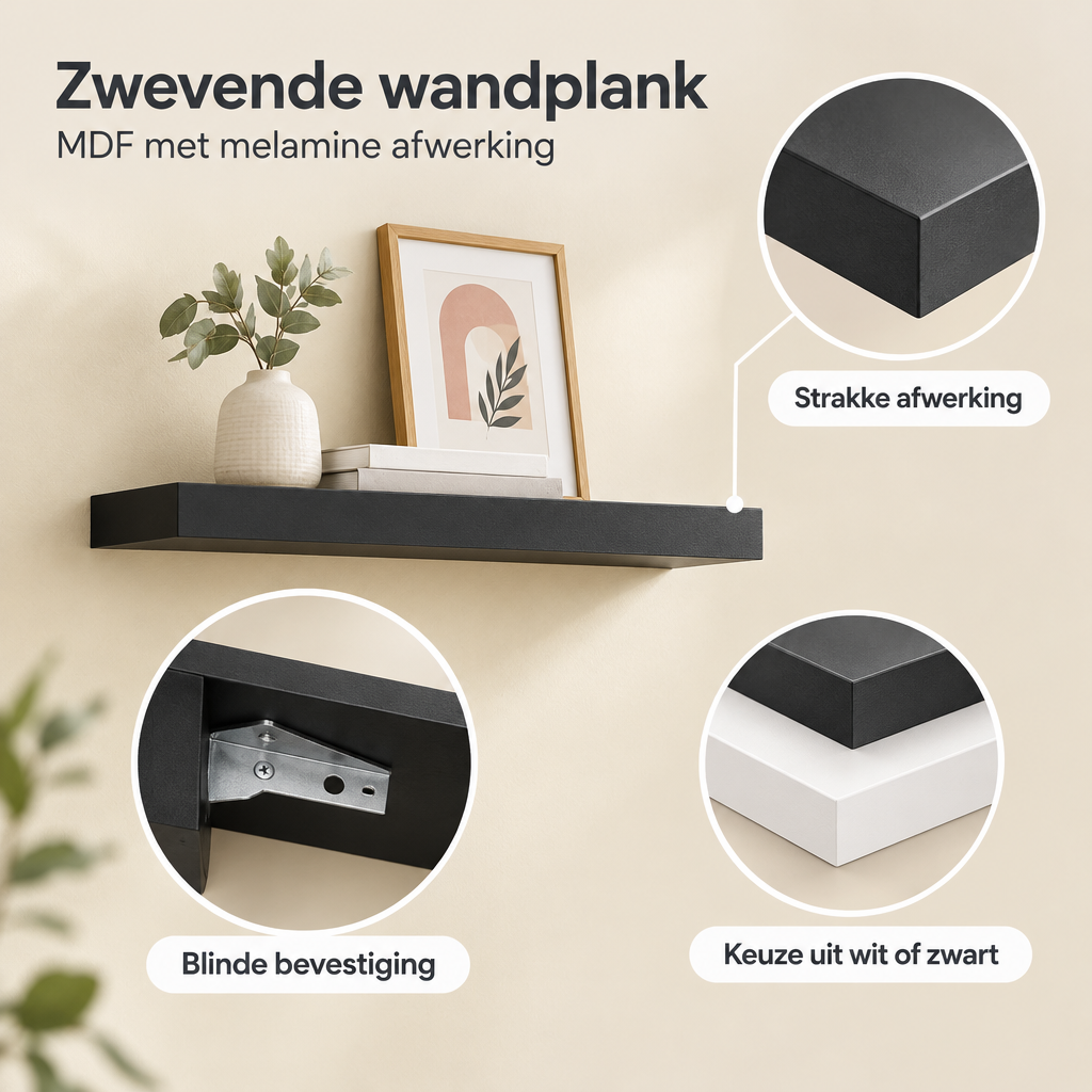 Detail van materiaal en afwerking van zwevende wandplank