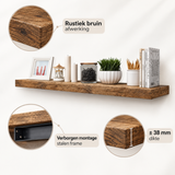 Rustieke BukkitBow zwevende wandplank met verborgen montage, 25-120 cm, bruin houtdecor voor muurdecoratie.