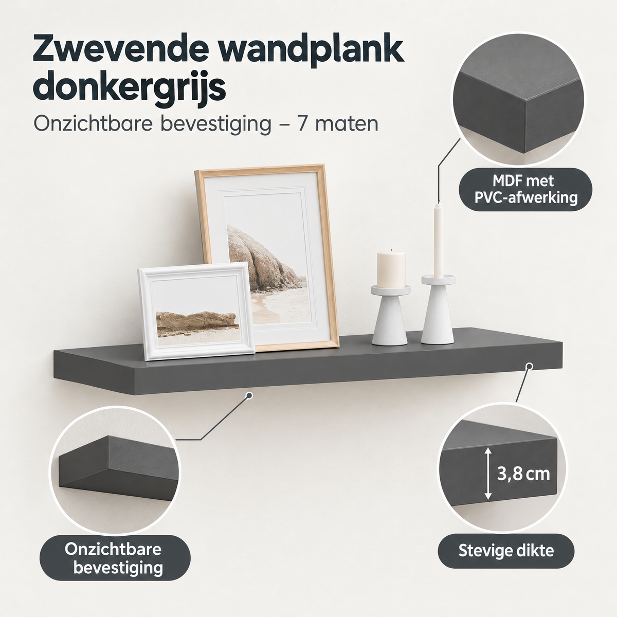 Detail van materiaal en afwerking van zwevende wandplank donkergrijs