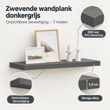 Detail van materiaal en afwerking van zwevende wandplank donkergrijs