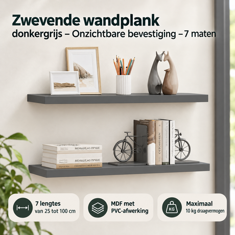 Praktische toepassing en keuzehulp voor zwevende wandplank donkergrijs