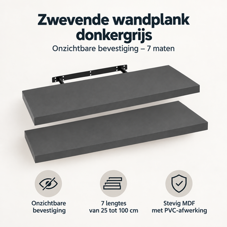 Overzicht van zwevende wandplank donkergrijs met de belangrijkste productvoordelen