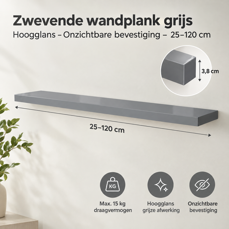 Afmetingen en productspecificaties van zwevende wandplank grijs
