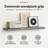 Overzicht van zwevende wandplank grijs met de belangrijkste productvoordelen
