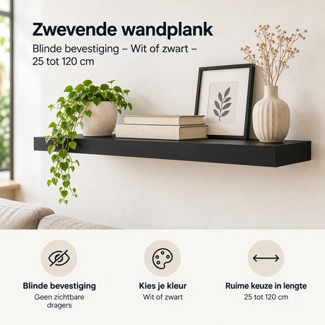 Zwevende wandplank van BukkitBow in wit of zwart, 25-120 cm, met blinde bevestiging voor een strakke muurdecoratie.