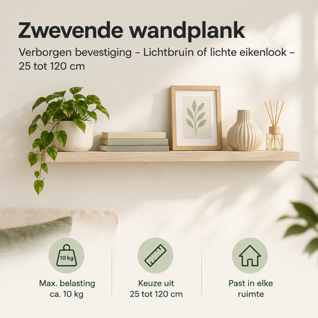 Zwevende wandplank van BukkitBow met verborgen bevestiging, lichtbruin of lichte eikenlook, in lengte van 25 tot 120 cm.