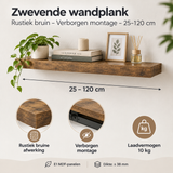 Rustieke houten zwevende wandplank van BukkitBow, verborgen montage, in bruin, verkrijgbaar in 25-120 cm lengte.
