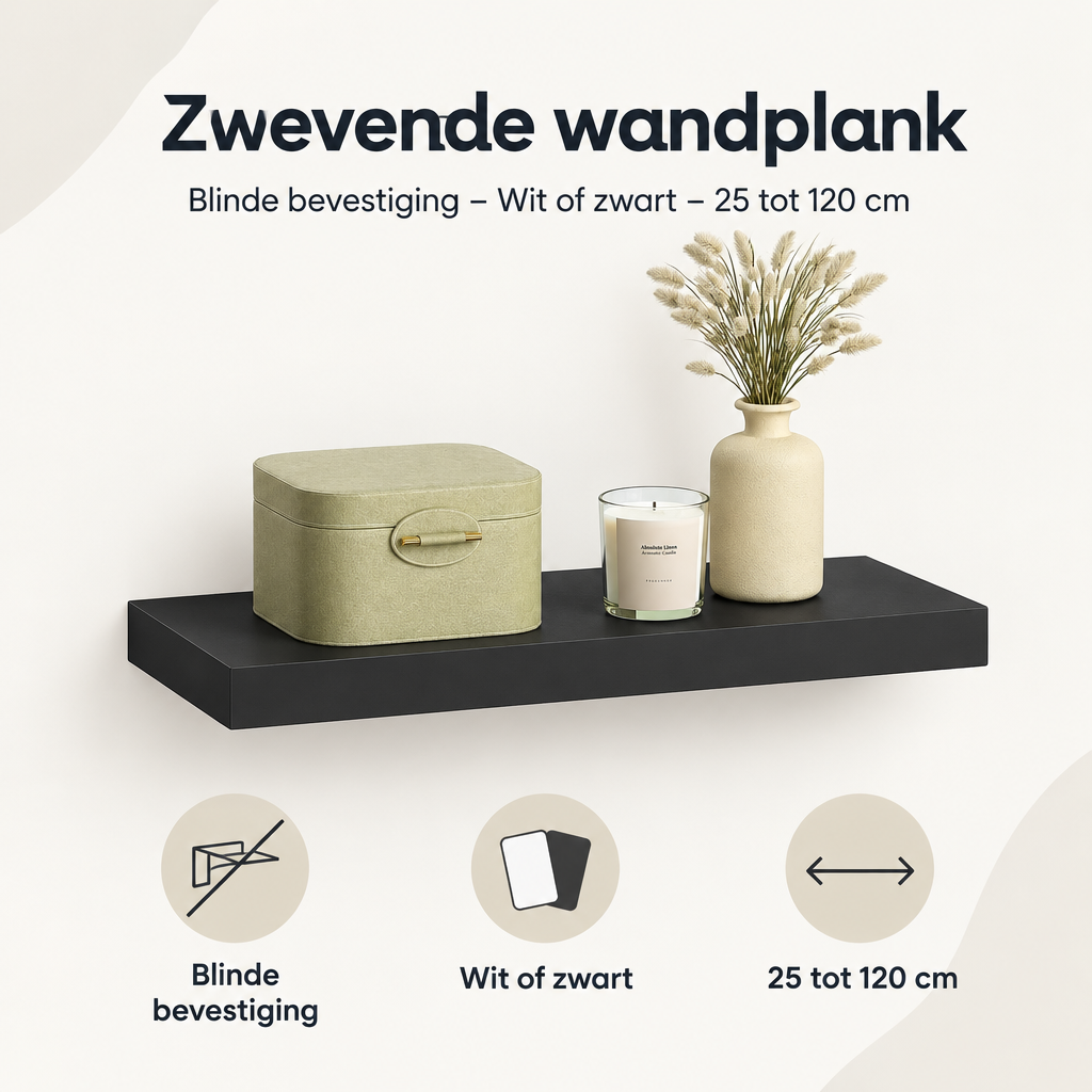 Overzicht van zwevende wandplank met de belangrijkste productvoordelen