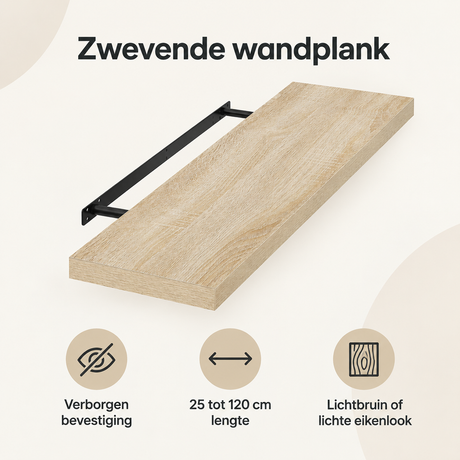 Zwevende wandplank van BukkitBow met verborgen bevestiging in lichtbruine of lichte eikenlook, 25-120 cm lang.