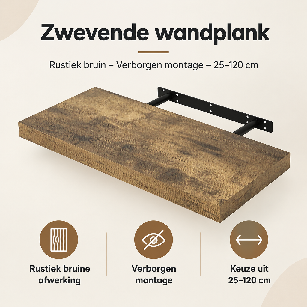 Rustieke BukkitBow zwevende wandplank, verborgen montage, in bruin, verkrijgbaar in 25-120 cm, geschikt voor gezellige interieur decoratie