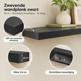 Detail van materiaal en afwerking van zwevende wandplank zwart