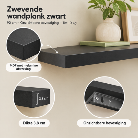 Zwarte zwevende wandplank van BukkitBow, 90 cm lang, met onzichtbare bevestiging en maximaal 10 kg draagkracht, close-up detail.