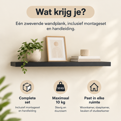Zwarte zwevende wandplank van BukkitBow, 90 cm lang met onzichtbare bevestiging, geschikt voor tot 10 kg.