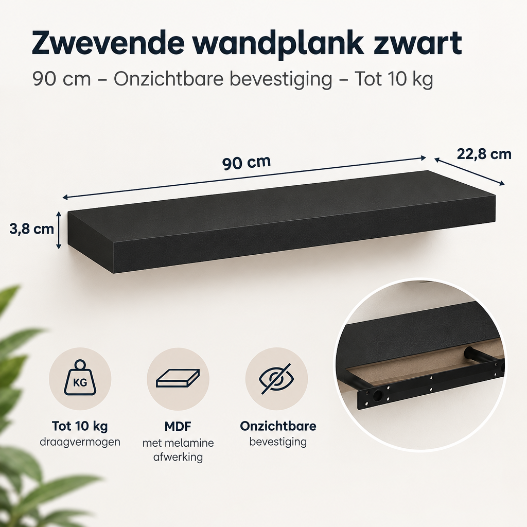 Afmetingen en productspecificaties van zwevende wandplank zwart