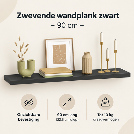 Zwarte BukkitBow zwevende wandplank van 90 cm met onzichtbare bevestiging, geschikt voor tot 10 kg.
